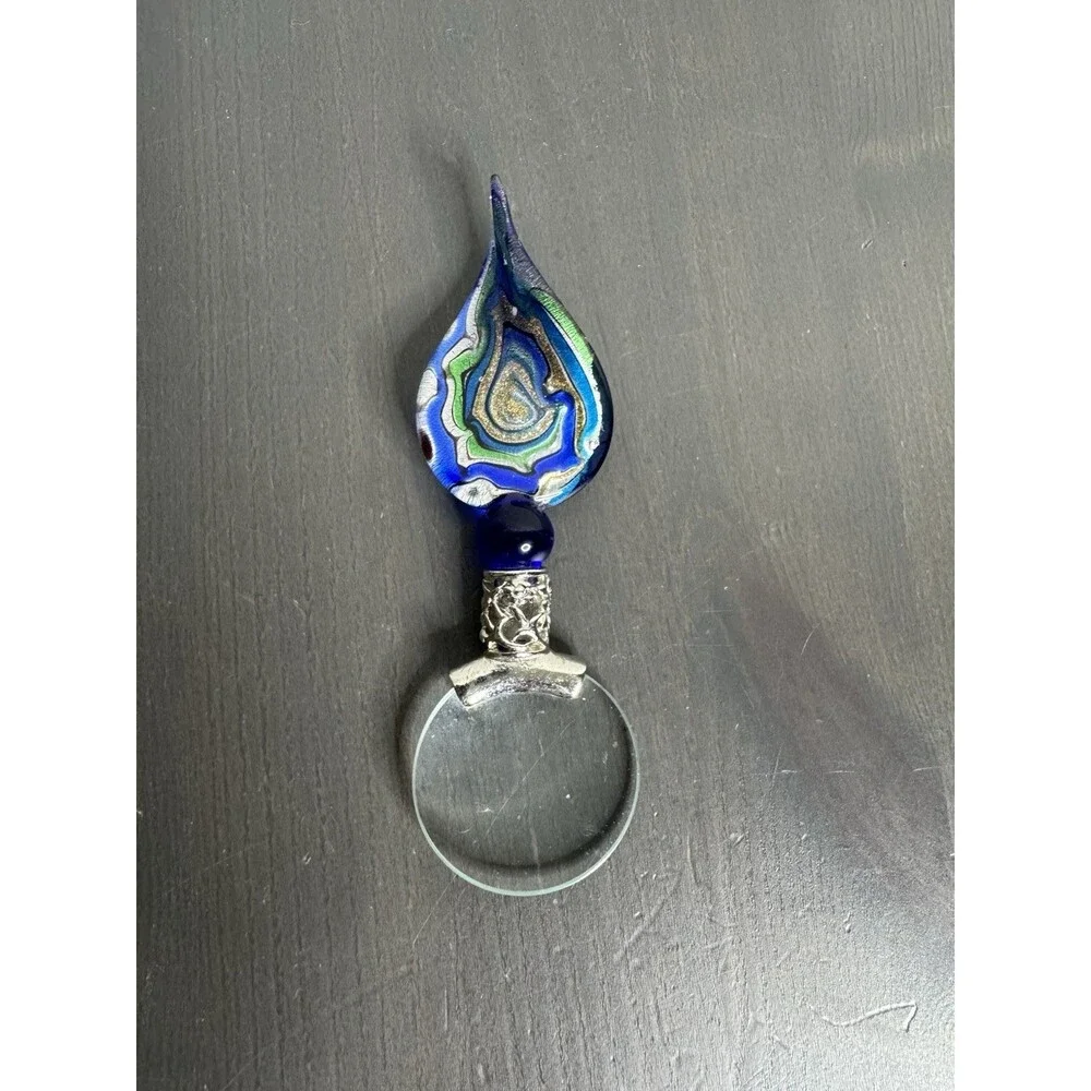 Vintage Art Glass Magnifying Glass Hand Held Red Blue Silver 5
